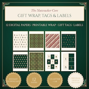 Puede incluir: Una colección digital titulada The Nutcracker Core Gift Wrap, Tags & Labels con 12 papeles imprimibles, papel de regalo y etiquetas. Los patrones incluyen caballos balancín, estrellas, rayas y coronas en tonos verde, rojo y crema.