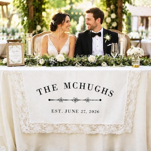 May include: A white rectangular table runner featuring intricate lace trim along the edges. The center is printed with the text THE MCHUGHS, a decorative line with three small flower icons, and the date EST. JUNE 27, 2026 in black lettering.