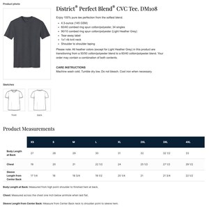 May include: A dark gray District Perfect Blend CVC Tee. DM108 t-shirt. The image shows the front of the shirt, along with sketches of the front and back. Product measurements are also included, with sizes ranging from XS to 4XL.