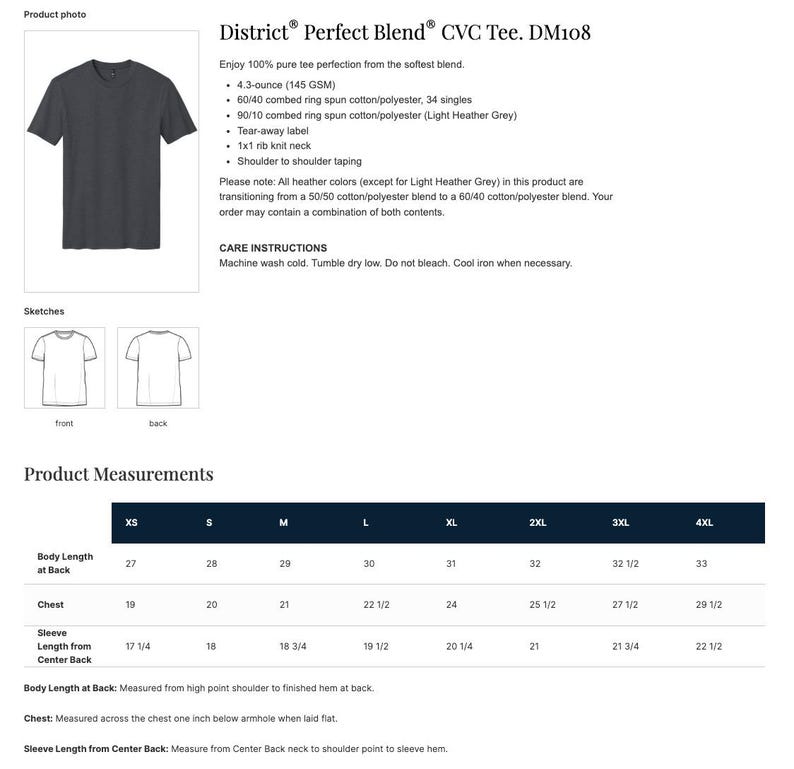 May include: A dark gray District Perfect Blend CVC Tee. DM108 t-shirt. The image shows the front of the shirt, along with sketches of the front and back. Product measurements are also included, with sizes ranging from XS to 4XL.