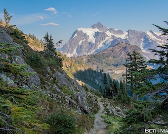 May include: A winding trail leads through a lush green forest towards a snow-capped mountain peak. The mountain is in the background, with a blue sky above.