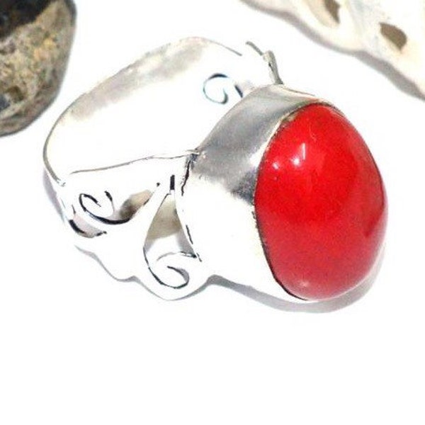 Red Coral, Silver plated oval Ring, Beautiful Gemstone Ring; Available in 2 sizes: US 8 and US 9