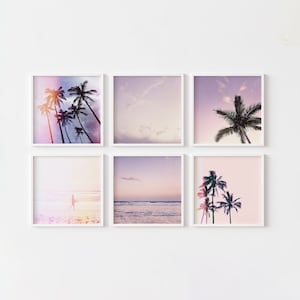Pastel Sunset Beach Framed Print, Canvas or Print Set of 6 - Pink and Purple Tropical Wall Art