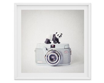 Panda Nursery Wall Art Framed Print, Canvas or Print Featuring Vintage Pale Blue Camera - Quirky Nursery Decor