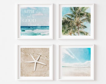 Vibrant Coastal set 4 Framed Prints, Canvases or Prints featuring palm trees, a starfish, typography and beaches