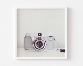 Vintage Camera Wall Art Square Print - Pale Blue Minimalist Office Decor