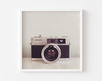 Vintage Camera Wall Art Square Print - Gift for Him, Fathers Day Gift, Minimalist Monochrome Office Decor