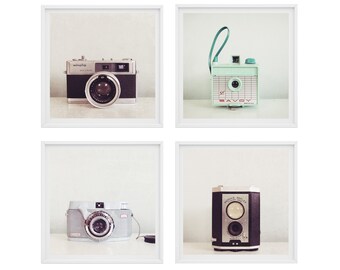 Vintage Camera Print Set of 4 Square Photos - Mint, Pale Blue, Black and White Wall Art
