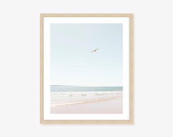 Beach Framed Print, Canvas or Print Featuring a Seagull in Flight - Serene Australian Coastal Wall Decor