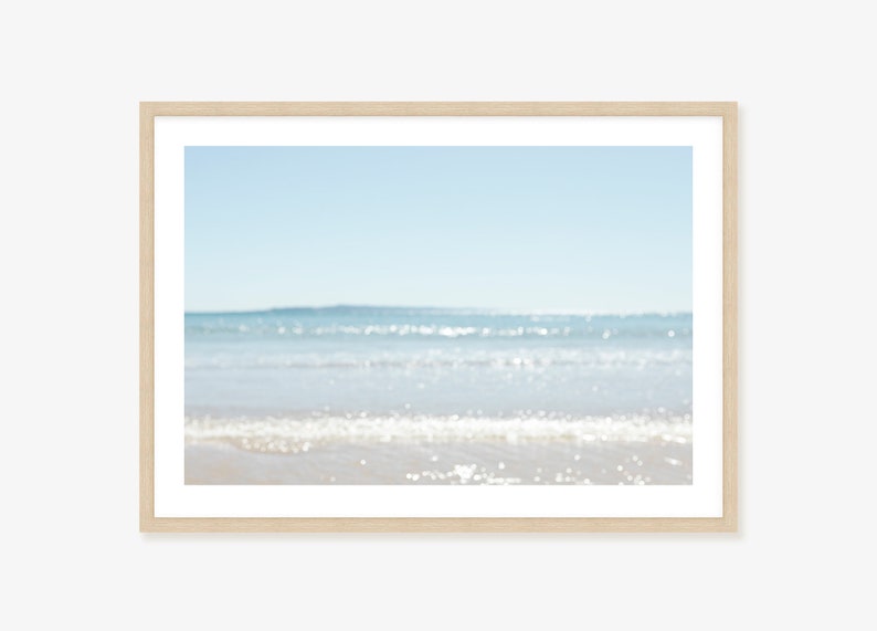 Australian Coastal Wall Art Framed Print, Canvas or Print a dreamy, serene pale blue beach scene taken at Noosa Beach image 1