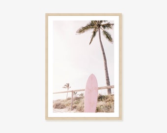 Palm Tree and Pink Surfboard Framed Print, Canvas or Print - Coastal Decor