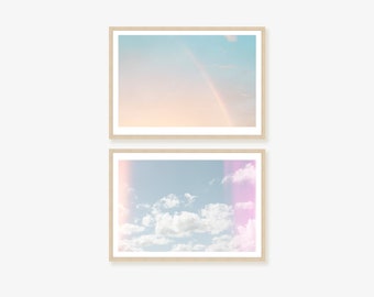 Pastel Clouds and Rainbow Framed Print, Canvas or Print Set of 2 - retro wall art