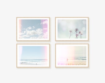 Pastel Beach Framed Print, Canvas or Print set - a retro set featuring Palm Trees, Noosa Beach, a Surfer, Clouds, Bokeh & Camera Light Leaks