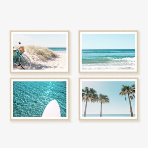 Australian Coastal Print Set: Palm Trees, Surfboard, Retro Bike