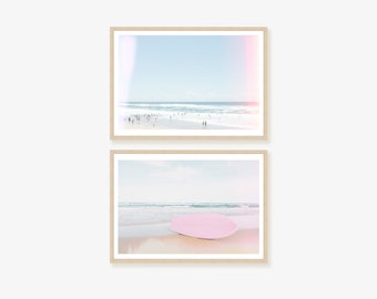 Retro Beach and Pink Surfboard Wall Art - Pink Light Leaks Framed Print, Canvas or Print Set of 2 - retro wall art