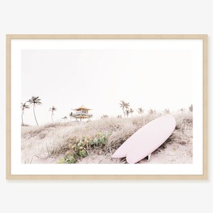 Palm Tree and Pink Surfboard Art Print Australian Coastal Surfer Wall Decor image 1