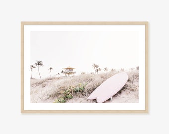 Palm Tree and Pink Surfboard Art Print - Australian Coastal Surfer Wall Decor