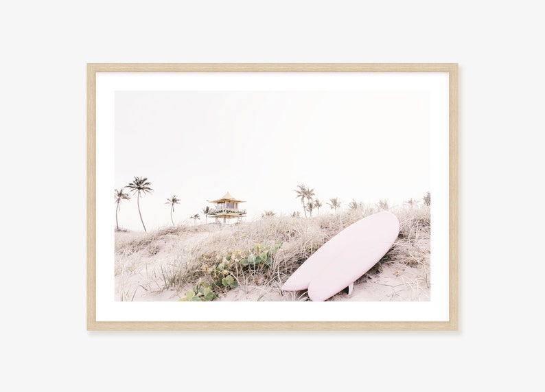 Palm Tree and Pink Surfboard Art Print Australian Coastal Surfer Wall Decor image 1