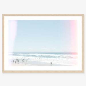 Retro Beach photography Framed Print, Canvas or Print a dreamy, out of focus pale blue beach scene with retro pink light leak image 1