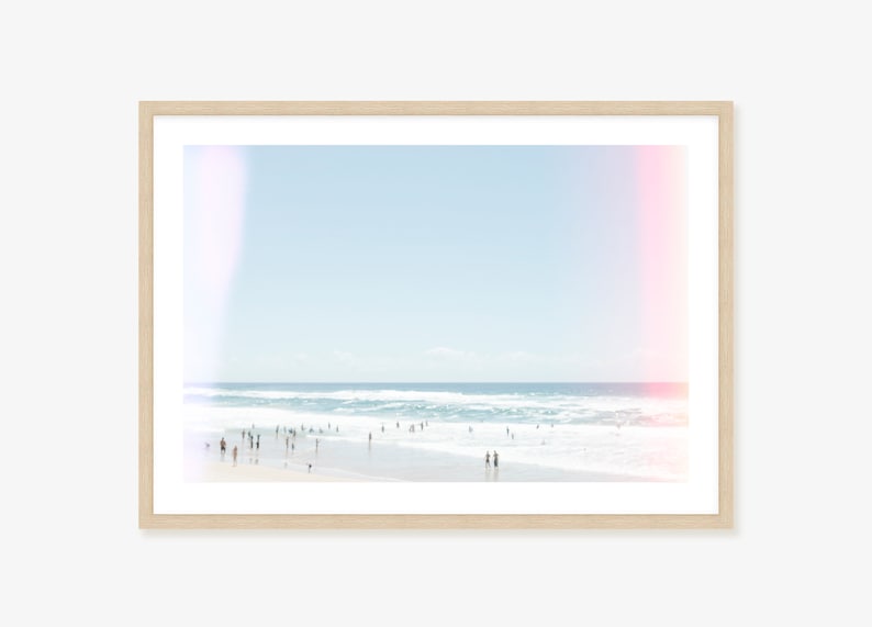 Retro Beach photography Framed Print, Canvas or Print a dreamy, out of focus pale blue beach scene with retro pink light leak image 1