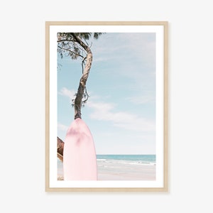 Palm Tree and Pink Surfboard Framed Print, Canvas or Print - Coastal Wall Decor