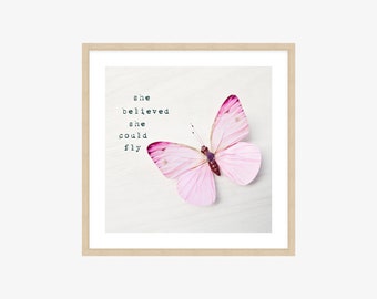 Whimsical Pink Butterfly Typography Wall Art Framed Print, Canvas or Print