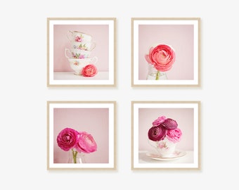 Pink and Coral Set of 4 Ranunculus and Vintage Tea Cup Framed Prints, Canvases or Prints - dreamy floral wall art framed print set