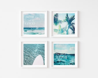 Vibrant Coastal set 4 Framed Prints, Canvases or Prints featuring palm trees, a pink surfboard, the ocean, beaches and typography