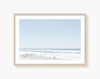 Beach photography wall art Framed Print, Canvas or Print - a dreamy, out of focus pale blue summer beach scene