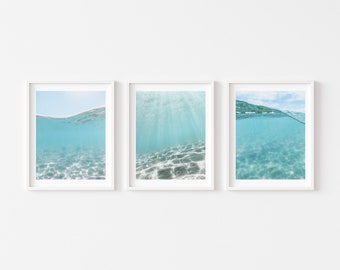 Underwater Ocean Photography set of 3 Framed Prints, Canvases or Prints - Aqua wall art
