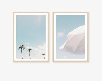 Palm Tree and Beach Umbrella Framed Print, Canvas or Print Set of 2 - coastal wall art, Palm Springs decor