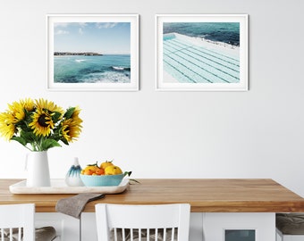 Bondi Icebergs Swimming Pool and Bondi Beach Surfers set of 2 prints or canvases - iconic coastal scenes from sunny Sydney for your walls
