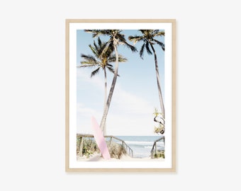 Palm Tree and Pink Surfboard Wall Art Print - Australian Coastal Decor