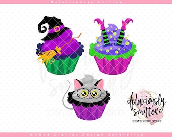 Witch Cupcake Bundle SVG, Upside Down Witch svg, Bruja svg, Cute Cat svg, Halloween SVG, Instant Download, Digital Printable svg dxf jpg png
