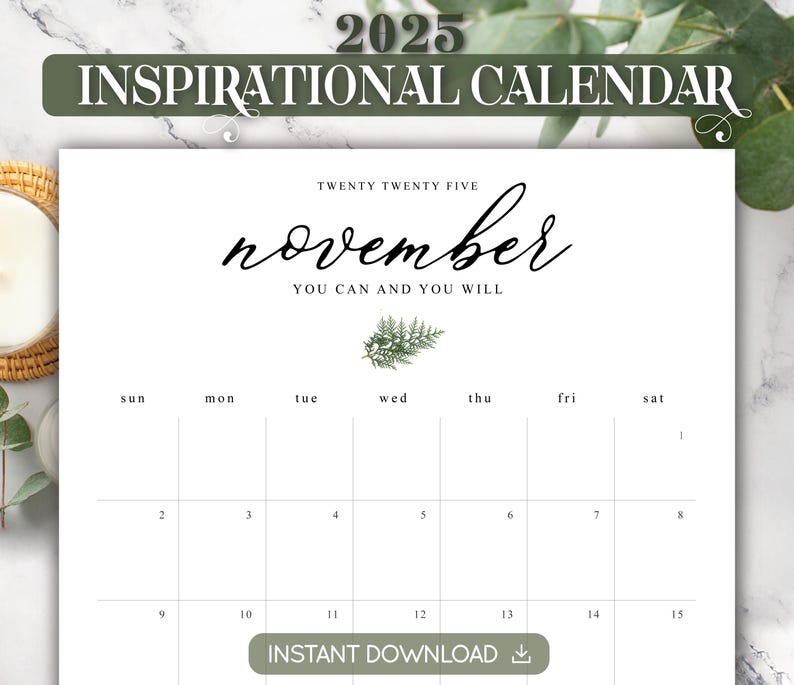 Inspirational Quotes Calendar 2025, Positive Monthly Sayings, Printable