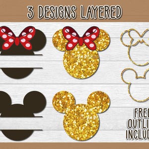 Könnte beinhalten: Ein Bild mit drei mehrschichtigen Designs mit einem Cartoon-Maus-Thema. Die Designs umfassen eine Schleife mit roten und weißen Punkten, einen goldglitzernden Mausekopf und eine goldene Umrisslinie eines Mausekopfes und einer Schleife. Der Text lautet "3 DESIGNS LAYERED" und "FREE OUTLINE INCLUDED."