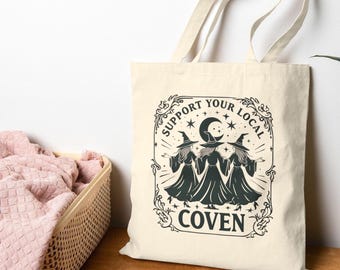 Witchy Canvas Tote Bag, Support Your Local Coven, Traditional Canvas Bag, Eco-Friendly, Spooky Season Accessory, Pagan Tote Bag, Wiccan Bag