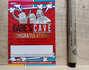 Gabes Cave Series 3 - Commission Sketch Card - Message with Idea - Gift for Comics Fan, Man Cave, Trading Card, Hand Drawn, Nerdy, Geek