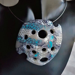 Statement Pendant, Large, Domed, Choker-Style, Abstract Design, Handmade, OOAK, Polymer Clay, Turquoise & Grey Palette