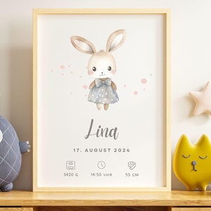 Póster personalizado para bebés y niños con nombre y fecha de nacimiento: regalo de nacimiento, bautismo, cumpleaños, decoración de pared para habitación infantil, conejo