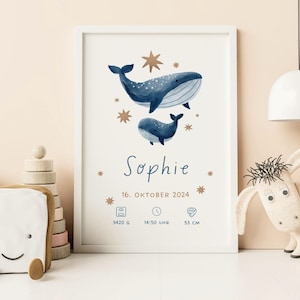 Póster personalizado para bebés y niños con nombre y fecha de nacimiento: ballena acuarela, regalo para nacimiento, bautizo, cumpleaños, decoración de pared de habitación infantil.