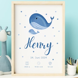 Póster personalizado para bebés y niños con nombre y fecha de nacimiento - regalo de nacimiento, bautismo o cumpleaños, decoración de pared para habitación infantil, ballena