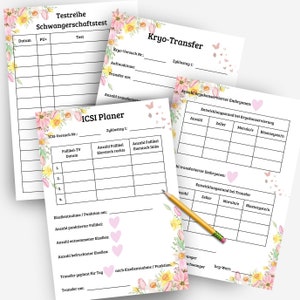 Op de afbeelding: Printbare checklist voor het bijhouden van vruchtbaarheidsbehandelingen, waaronder IVF, ICSI en cryobehandeling. De checklist heeft een bloemmotief met roze en gele bloemen.