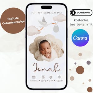 Annuncio di nascita digitale personalizzato, modello Canva Annuncio di nascita bambino, modello e-mail SMS WhatsApp per smartphone, Cicogna arcobaleno