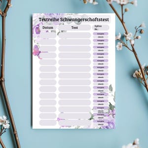May include: A printable pregnancy test tracker with a floral design. The tracker has columns for date, test, and cycle number. The floral design features butterflies and purple flowers.