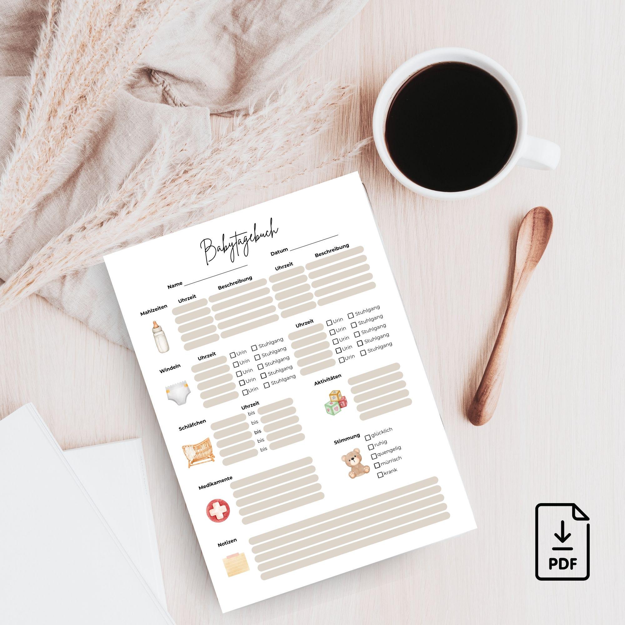 Baby Diary PDF Template for Printing - DIN A4 Daily Planner for Meals