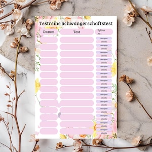 May include: A pink and white printable pregnancy test tracker with a floral design. The tracker has columns for date, test, and cycle number. The tracker has spaces for 20 tests.