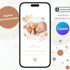 Gepersonaliseerde digitale geboorteaankondiging, Canva-sjabloon Geboorteaankondiging voor baby's, Smartphone WhatsApp SMS-e-mailsjabloon, Bloemen Roze Goud