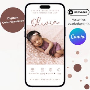 Anuncio de nacimiento digital personalizado, anuncio de nacimiento de bebé de plantilla Canva, plantilla de correo electrónico SMS de WhatsApp para teléfono inteligente, ciruela púrpura de niña