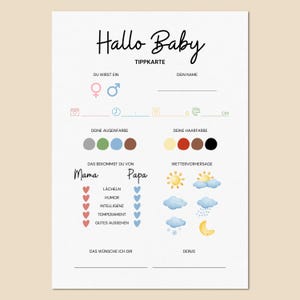 Babyshower tipkaart quiz spel invulkaart, raadspel voorspelling geboortedatum naam, digitale download om zelf af te drukken, PDF A4 en A6